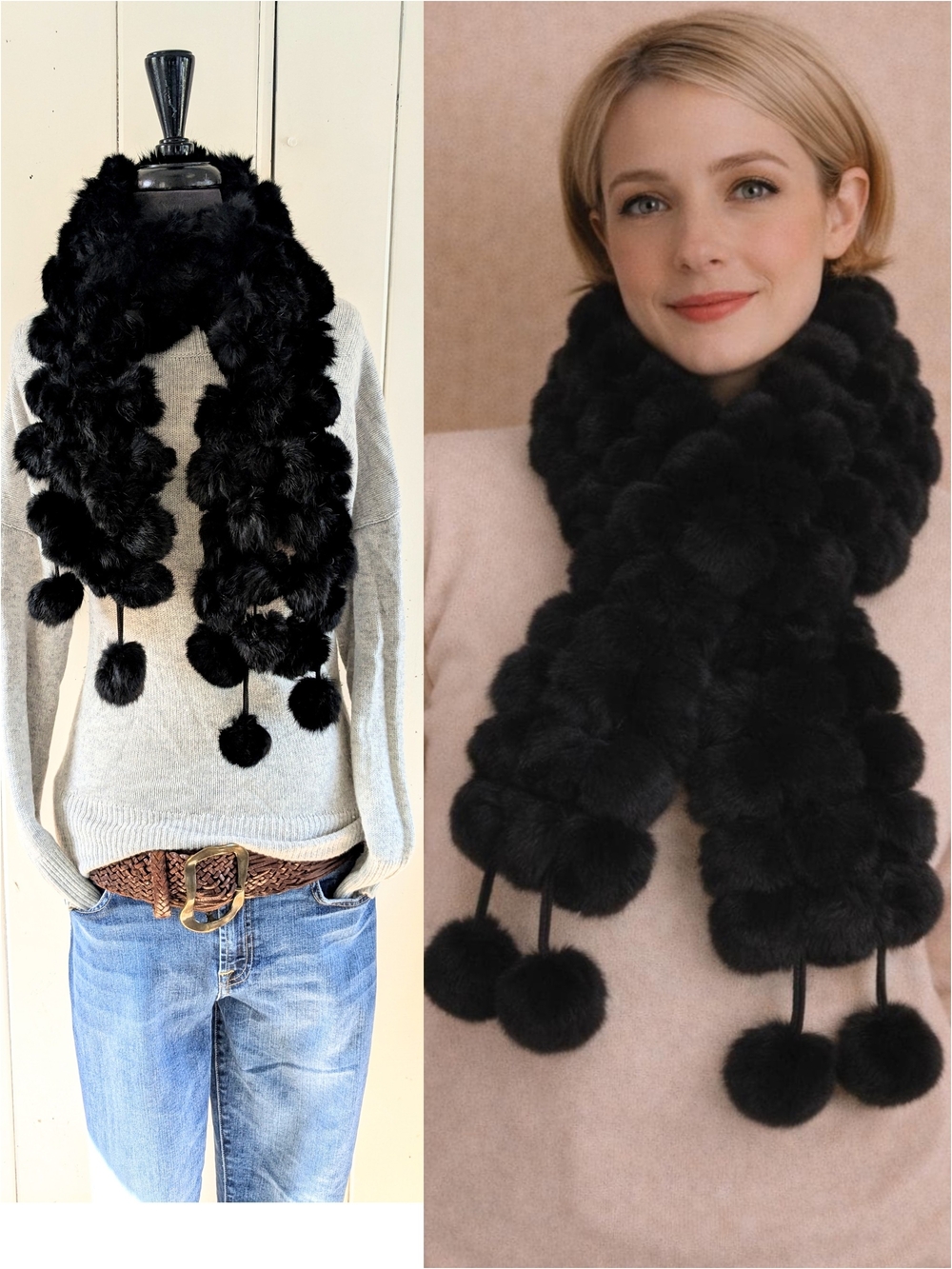 Luxurious Rabbit Fur Pom Pom Scarf